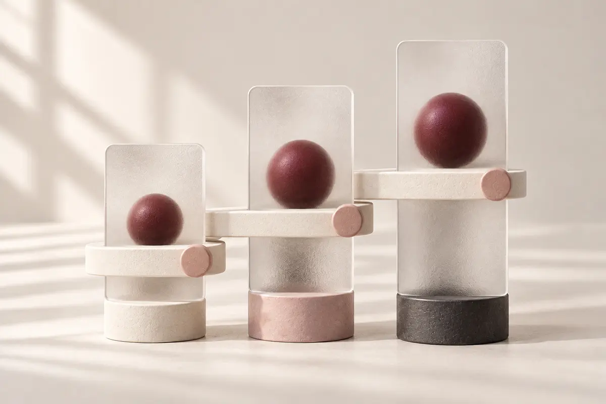 Translucent panels and ceramic bands revealing levels and salary ranges.